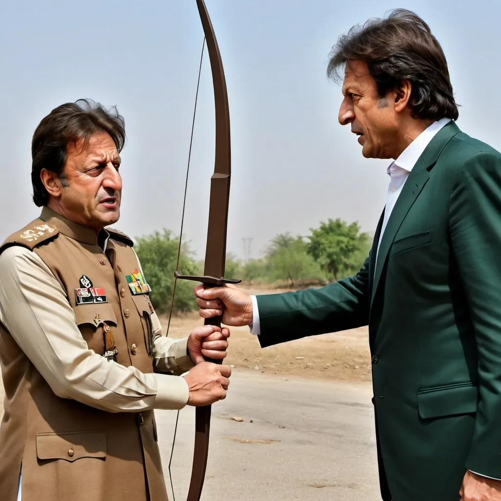 Prompt: Visualize a powerful and poignant scene featuring the former Prime Minister of Pakistan, Imran Khan, holding a rusty arrow handed to him by the Chief of Army Staff. Imran Khan's expression is one of shock and disbelief, his grip on the rusty arrow symbolizing the weight of betrayal. The Chief of Army Staff, depicted with a sinister, treacherous demeanor, stands with a duplicitous smirk, subtly aligned with the enemy. The backdrop is a dramatic, tension-filled setting, perhaps a shadowy meeting room or a rugged, conflict-ridden landscape, emphasizing the gravity of the situation. The scene captures the essence of betrayal and the complex dynamics of power and trust in Pakistan's current era.