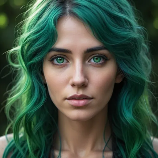 Prompt: portrait of a mystic woman, green hair flowing, blues and greens intertwining in her detailed eyes, captured with color precision using canon eos r5, volumetric, ultra clear, cinematic