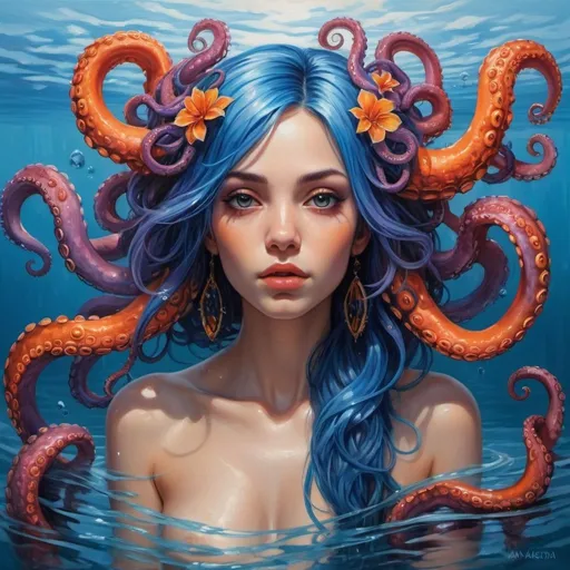 Prompt: A captivating oil painting by MonicaAriana, featuring a mythical woman with cascading blue hair, seamlessly emerging from the shimmering water. Her mesmerizing body is adorned with intricate, multi-colored tattoos reminiscent of vibrant octopus tentacles. Surrounding her, the tentacles showcase an enthralling palette of colors, from deep purples and blues to fiery oranges and reds. The serene blue sky is reflected in the water, creating a mesmerizing mirror-like effect. This cinematic illustration embodies the essence of mysticism and otherworldliness, inviting the viewer to immerse themselves in a captivating, dreamlike realm., illustration, painting, vibrant