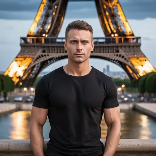 Prompt: ((Top Quality, 8k, Masterpiece: 1.3)), Photoreality (1.4)), Raw Photo,beautifull,man,hollow cheeks,strong jaw,cheekbones,hunter eyes,blue eyes,extradetailed,(standing in paris in front of eiffel tower) (wear tight black T-shirt and baggy jeans) (without extra fingers,no undatailed picture)muscular,confident pose,pretty face,veryrealistic,fullbody(without beard) (blur background) (night time,midnight) lightning (highly detailed face and skin texture), (full body),perfect hands,extra detailed face,sharp