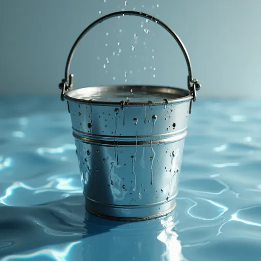 Prompt: (3D realistic image), (metal leaky bucket), full of water, with holes, water coming out from the holesreflective surfaces, (high depth), (vibrant details), soft shadows, light playing on water's surface, serene atmosphere, ultra-detailed, crystal clear water, subtle metallic sheen, immersive background creating a tranquil setting.