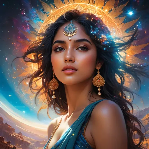 Prompt: hyperdetailed intricate enigmatic, a lot of glowing hindu symbols floating in the air,

masterpiece intricate hyperdetailed beautiful girl, detailed face, hopeful,

scenic view space with very wide angle,

colorful glamorous sunshine,

WLOP, Greg Rutkowski, 128K resolution,
illustration by Marc Simonetti Carne Griffiths, dance, while also showcasing his divine grace and beauty, The background should feature a cosmic landscape with stars and galaxies, Use bold, vibrant colors for GOD KALI's clothing and accessories, Conrad Roset, Full HD render + immense detail + dramatic lighting + well lit + fine | ultra - detailed realism, full body art, lighting, high - quality, engraved, ((photorealistic)), ((hyperrealistic)), ((perfect eyes)), ((perfect skin)), ((perfect hair)), ((perfect shadow)), ((perfect light))