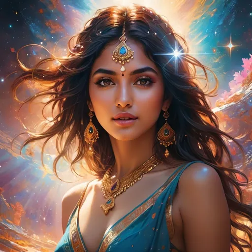 Prompt: hyperdetailed intricate enigmatic, a lot of glowing hindu symbols floating in the air,

masterpiece intricate hyperdetailed beautiful girl, detailed face, hopeful,

scenic view space with very wide angle,

colorful glamorous sunshine,

WLOP, Greg Rutkowski, 128K resolution,
illustration by Marc Simonetti Carne Griffiths, dance, while also showcasing his divine grace and beauty, The background should feature a cosmic landscape with stars and galaxies, Use bold, vibrant colors for GOD KALI's clothing and accessories, Conrad Roset, Full HD render + immense detail + dramatic lighting + well lit + fine | ultra - detailed realism, full body art, lighting, high - quality, engraved, ((photorealistic)), ((hyperrealistic)), ((perfect eyes)), ((perfect skin)), ((perfect hair)), ((perfect shadow)), ((perfect light))