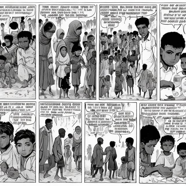 Prompt: black and white comic of the journey of refugees 