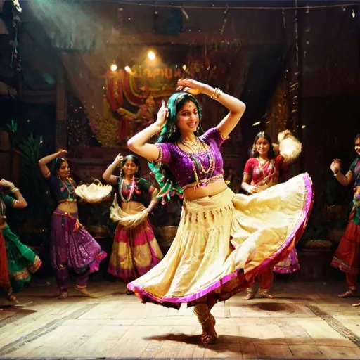 Prompt: (cabbage girl dancing), animated move, (Indian traditional style), vibrant colors, lively atmosphere, energetic vibe, displaying intricate dance moves, celebration of culture, detailed background with spices and traditional decor, warm lighting, (high quality, ultra-detailed), expressing joy and festivity through motion and rhythm.