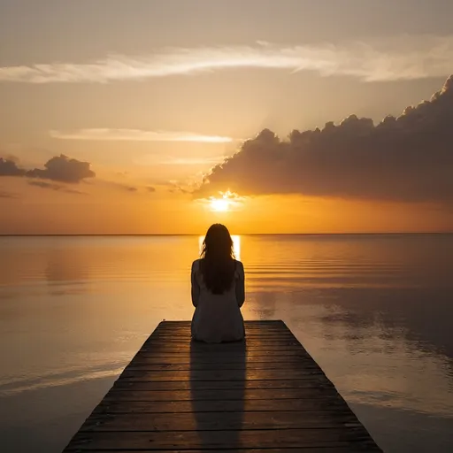 Prompt: A woman sits at the end of a wooden pier, gazing out at a calm, golden-yellow sunset over a vast body of water. The person is silhouetted against the bright sky, with long hair flowing in the breeze. The horizon is dotted with soft, scattered clouds, and the sun is low in the sky, casting a warm glow over everything. The atmosphere is tranquil, serene, and introspective, with a sense of peaceful solitude, cover for the song