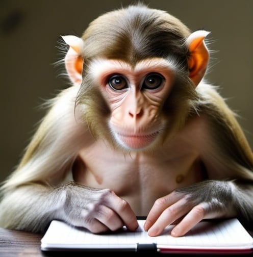Prompt: hyper realistic image, monkey using a notebook
