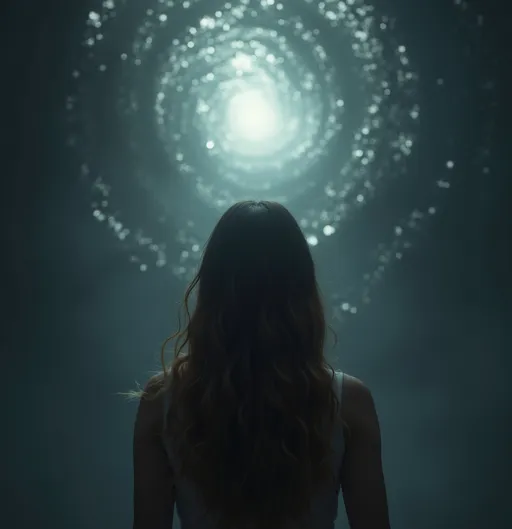Prompt: young woman with long wavy brown hair, viewed from the back, gazing into an infinite void, a striking white light twinkling in the center, ethereal atmosphere, mysterious and contemplative mood, deep colors, dramatic lighting, creating a high contrast between dark and light, with an elusive allure, ultra-detailed, 4K resolution, transcendent theme.