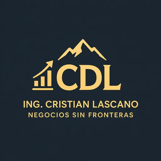 Prompt: Dominating the spotlight, the logo features the stylized initials "CDL," which integrate the silhouette of a mountain at the top, conveying a sense of aspiration and strength. To the left, a graphic icon suggests growth and progress, reinforcing an entrepreneurial focus. Below, the name "ING. CRISTIAN LASCANO" is prominently displayed, emphasizing professionalism, while "NEGOCIOS SIN FRONTERAS" conveys the essence of a global business reach. The color palette is minimalist, primarily gold on a navy blue background, creating a clean, modern aesthetic that appeals to the entrepreneurial spirit. Overall, the design effectively conveys a message of ambition and entrepreneurial expertise.