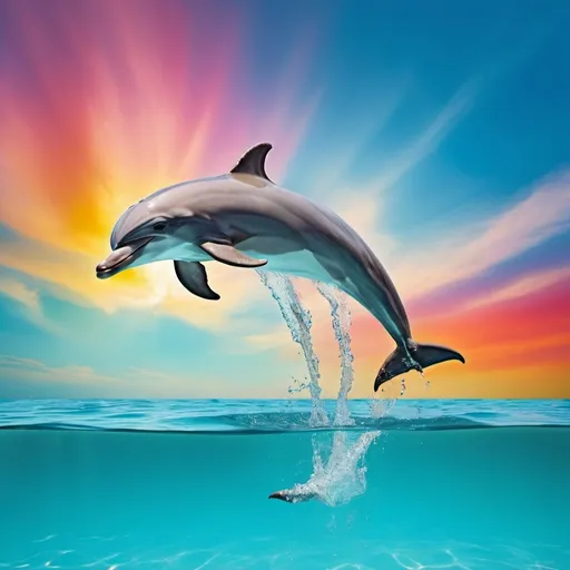 Prompt: dolphin levitating over aquamarine water with lots of colors in background 