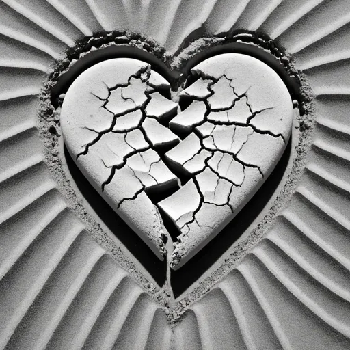 Prompt: black and white broken heart half turned to sand