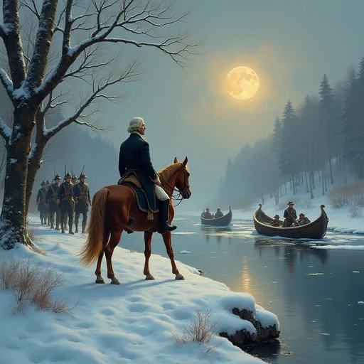Prompt: George Washington on a horse in the snow near a river close to his troops on the same side of river in the moonlight with wooden flatboats in the river with ice floes in the water and troops near washington on the land
