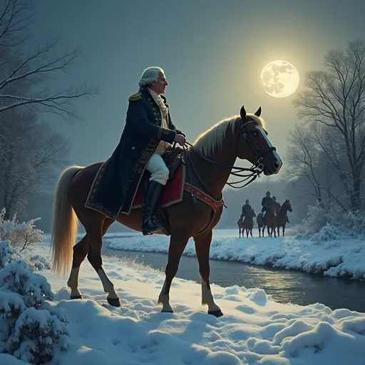 Prompt: George Washington on a horse in the snow near a river close to his troops in the moonlight.
