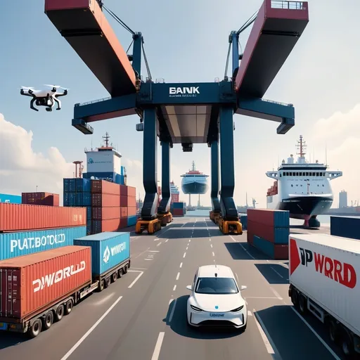 Prompt: Futuristic port where a ship is unloading a container.  Electric vehicles are driving in the port
Drones are flying around
There is a bank integrated in the port. 
Show a sign board with DP World