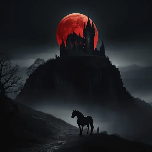 Prompt: Black castle on a mountain at night, red moon, black horse in the foreground, eerie and mysterious atmosphere, high quality, detailed, gothic style, dark tones, eerie lighting, moonlit, detailed horse, sinister aura, haunting, medieval, atmospheric lighting