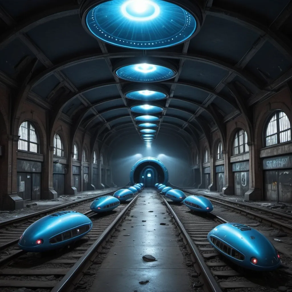 Prompt: A large open underground abandoned train station covered in a glowing blue alien substance filled parked UFOs  hyperrealistic, horror, super real