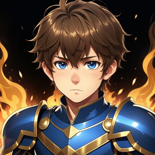 Prompt: Anime boy with (brown hair), expressive eyes, wearing a blue armor and gold stripeson it, and calm expression on his face. (detailed features), set against a black, fire background, whimsical atmosphere, (4K quality) with a dark blue sword with a golden line in the middle of the sword
