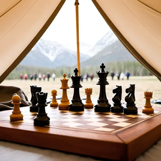 Prompt: Chess board with chess pieces in tent as background.