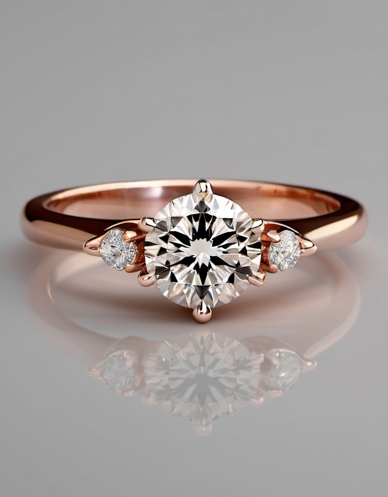 Prompt: Rose gold engagement ring. Solitare with round cut diamond 0.8ct. Two small diamonds on either side. Metal should have engraving of a tulip. 