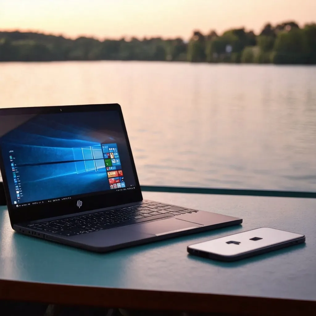 Prompt: An HP pavillion laptop and iphone 15 on a desk, behind a background of a lake at dusk