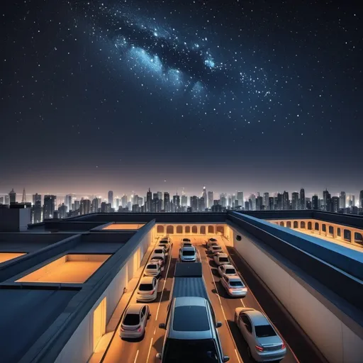 Prompt: roof top view with night stars in background and traffic underneath