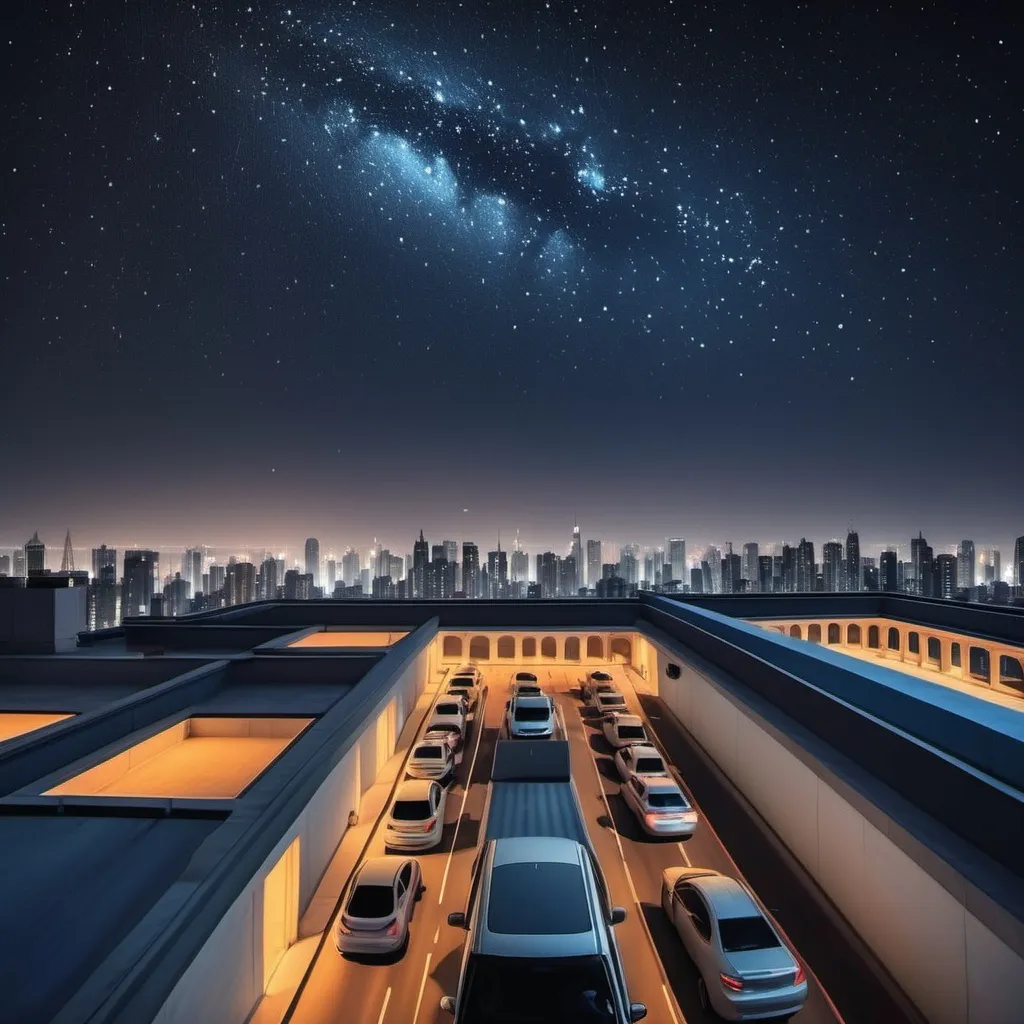 Prompt: roof top view with night stars in background and traffic underneath