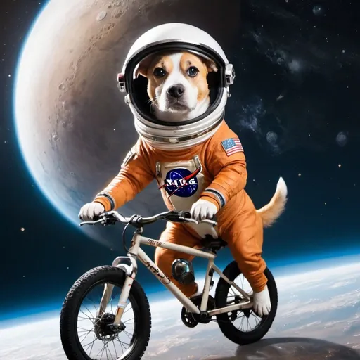 Prompt: A dog in space riding a bike