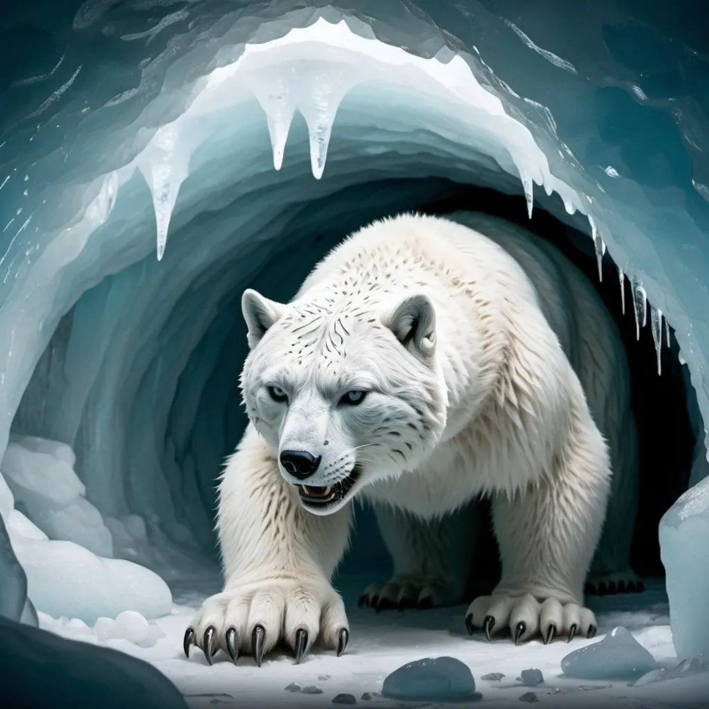 Prompt: a lynx polar bear hybrid creature digging tunnels in an ice cave with its claws, in manga style