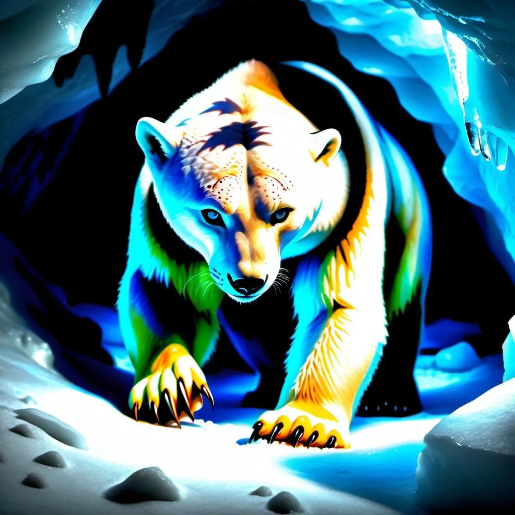 Prompt: a lynx polar bear hybrid creature digging tunnels in an ice cave with its claws, in photorealism