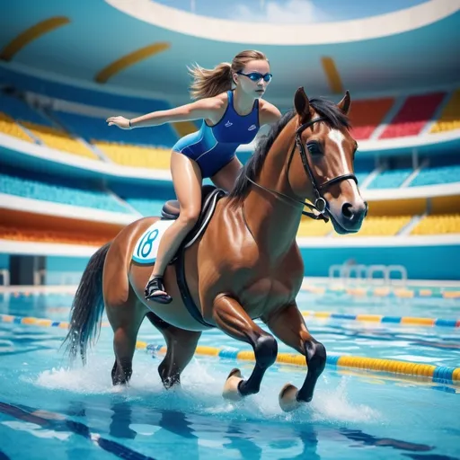 Prompt: Un atelete sur un petit poney dans une piscine dans avec des anneaux olympique