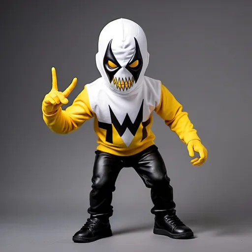 Prompt: Faça um boneco com máscara do shocker blusa de capuz e calça branca