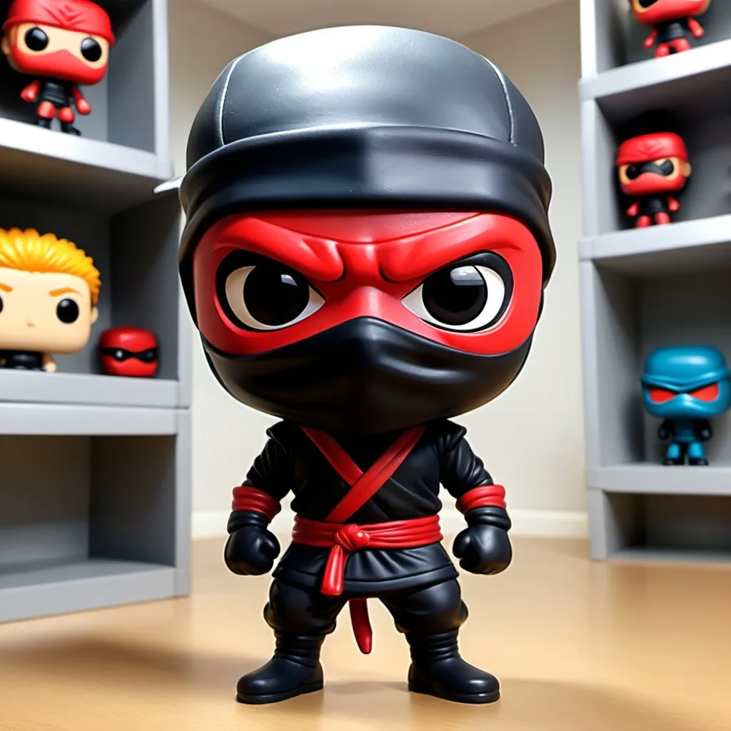 Prompt: Faça um funko pop com máscara q esconde todo o rosto so os olhos pra foratouca ninja vermelha blusa de capuz vermelha do YouTube  e calça preta