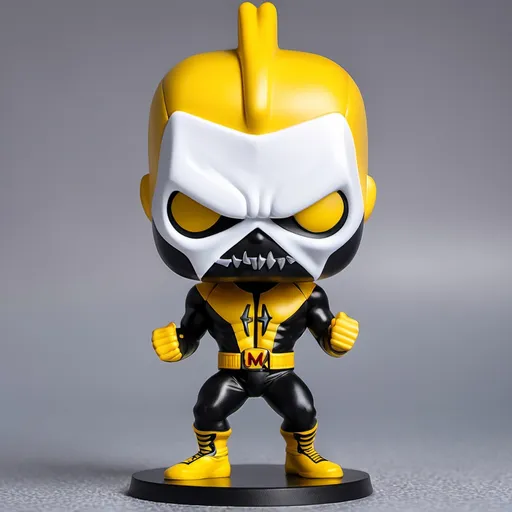 Prompt: Faça um funko pop com máscara do shocker blusa de capuz e calça branca