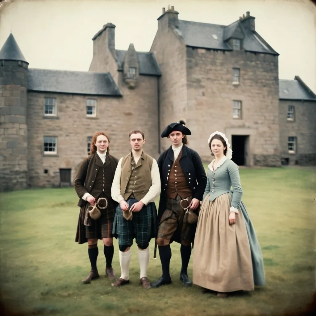 Prompt: old Scottish farm,18th century,people,stone castle,posing,captured with soft focus and muted colors typical of early film photography