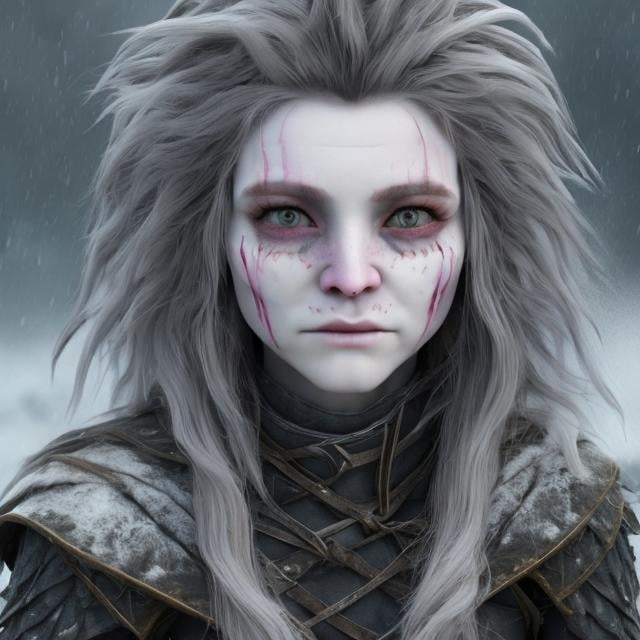 Prompt: • Elara's face bears scars from the goblin raid, most prominently a jagged scar that runs across her left cheek, a permanent reminder of the horrors she witnessed.

Hair:

• Her once chestnut hair, now streaked with premature gray, is cut short for practicality, allowing her to move freely in battle.

Eyes:

• Her eyes are a deep, stormy gray, often holding a haunted look that hints at her inner turmoil.

