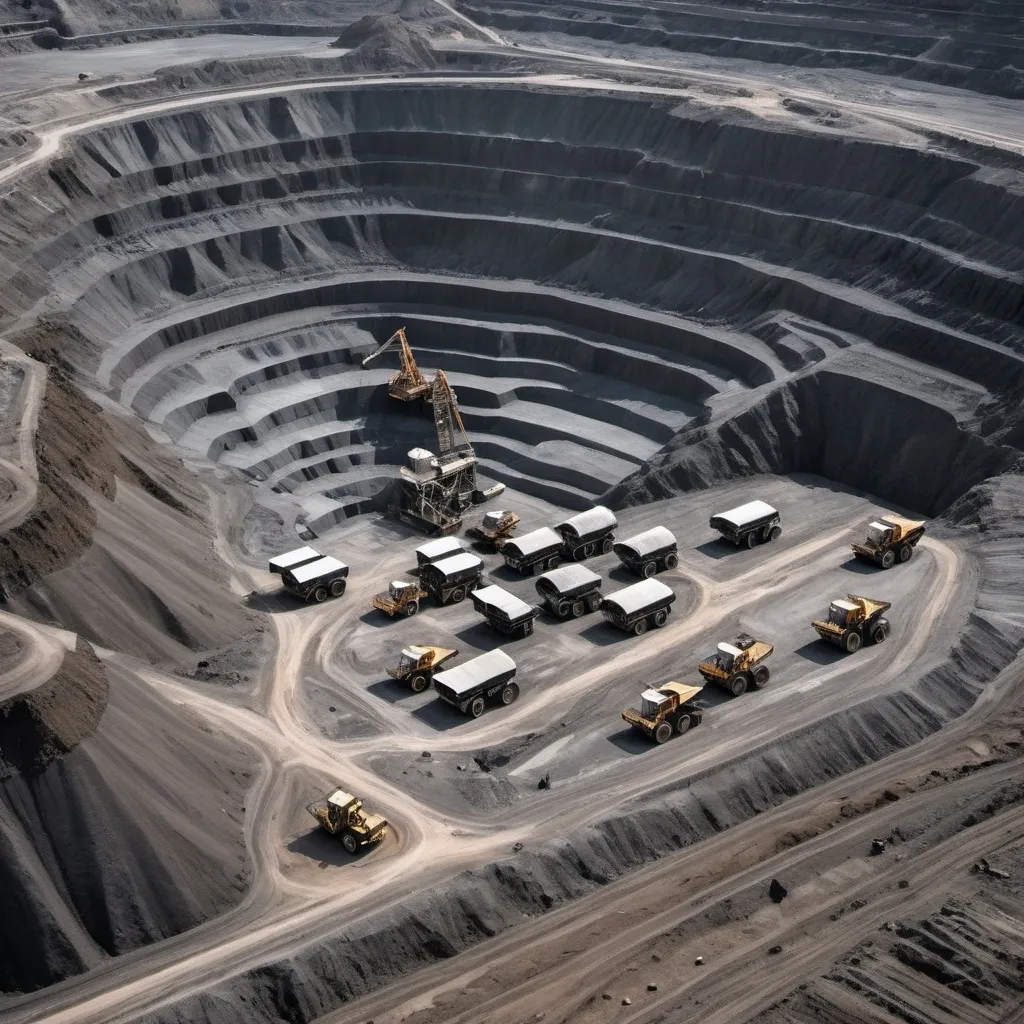 Prompt: I need an aerel view image of a very deep mining field, with black and grey minerals, with some trucks and mining machines very small sized compared to the size of the mining field

