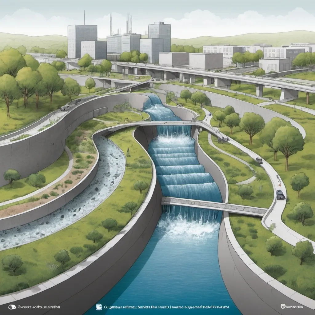 Prompt: Illustrate these 3 concepts in an informational graphic:
Grey infrastructure includes all designed or engineered artificial infrastructure, often made up of concrete, that is supposed to mediate between human infrastructure and natural events. Examples for grey infrastructure include dams, pipes, sewers and air-conditioning. (Depietri & McPhearson, 2017). 
Green measures involve incorporating more plants and green land structures into urban areas. Examples include green roofs, urban forests and green walks.
Blue infrastructure measures pertain to all measures managing water. Examples for blue infrastructure are retention ponds, cisterns and Urban lagoons.
