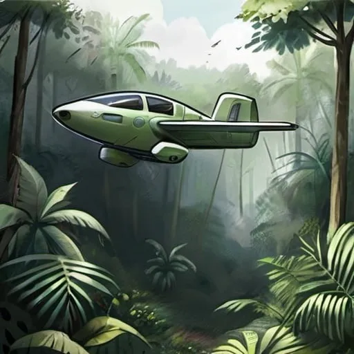 Prompt: Image de type croquis représentant un véhicule aérien personnel au design épuré survolant une forêt tropical.