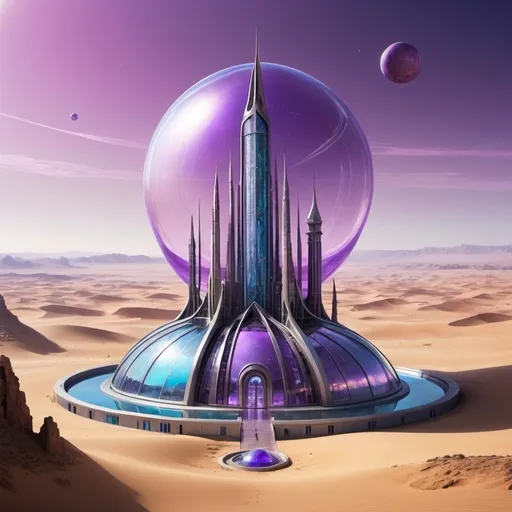 Prompt: a thin tower with a big dome on the top that is clear purple and a small cidy under it surronding the thin tower colored silver with blue glass windows. all of the buildings and towers  is surrounded by a forcefeild and outside the forcefield  is al desert on a planet in a intergalactic space