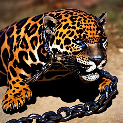 Prompt: chained claw sad jaguar brazillian 