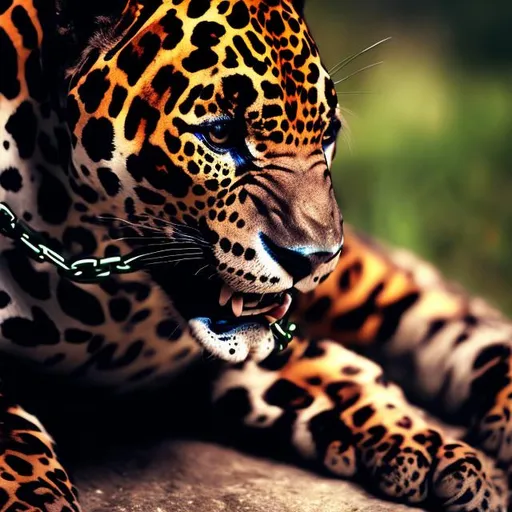 Prompt: chained claw sad jaguar