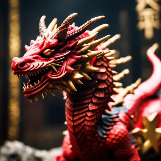 Prompt: chinese red dragon with yellow stars on the skin from Game of Thrones looking at me