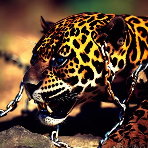 Prompt: chained claw sad jaguar brazillian 