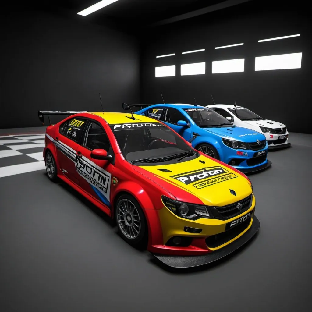 Prompt: PROTON SIM RACING: RED,YELLOW,BLUE,GREEN,WHITE LOGO