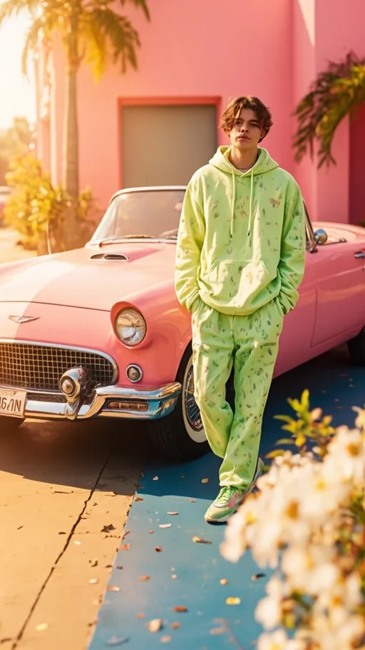 Prompt: Bathed in vibrant hues of pink and yellow, a stylish young man stands confidently beside a classic pink convertible parked on a sunny street. He wears an eye-catching outfit consisting of a light green hoodie adorned with subtle textures and matching patterned joggers, complemented by sporty sneakers. His relaxed demeanor and slight smile suggest a carefree attitude, while the lively background showcases a sunny day, with palm trees and bold architecture adding to the lively atmosphere. The playful color schemes and soft focus create a dreamlike quality, enhancing the image's cheerful and energetic vibe.