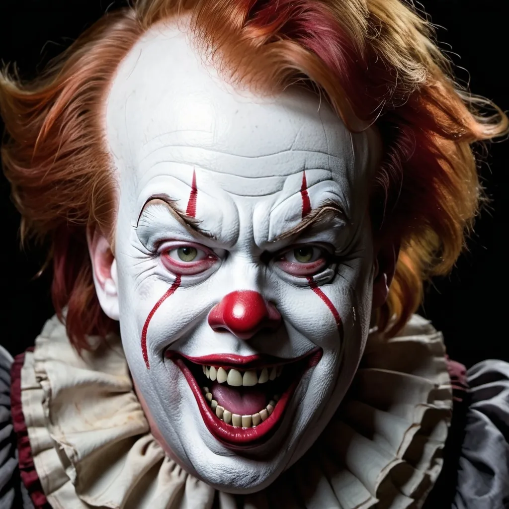 Prompt: Donald Trump as the clown Pennywise in the movie it.  Make him smile and show his needle sharp teeth and fangs.