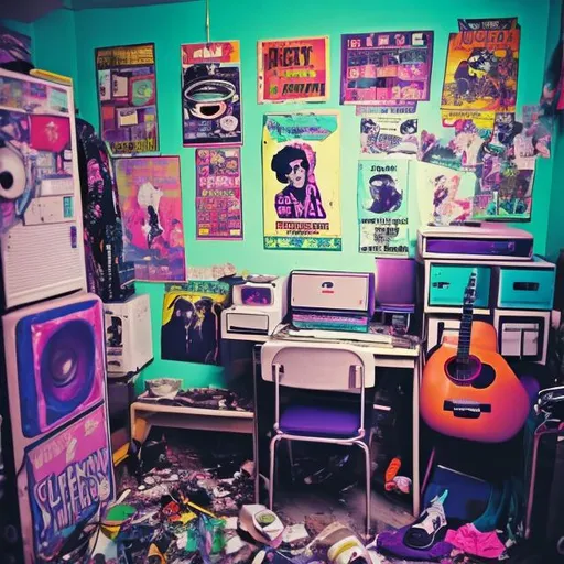 Prompt: Funky 80s boy middle school senior student room with base and guitar. Hanging a boombox and lot of popular singers posters on the wall. A bit messy ground and some clothes at the corner.