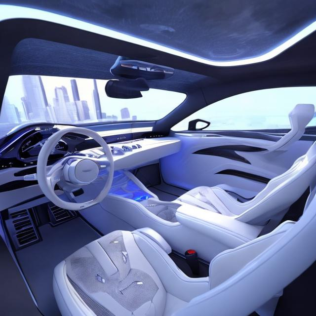 Prompt: Futuristic car interior, All details needs to be with crisp lines and steering wheel needs to be complete. Add in the middle of the dashboard infotainment system