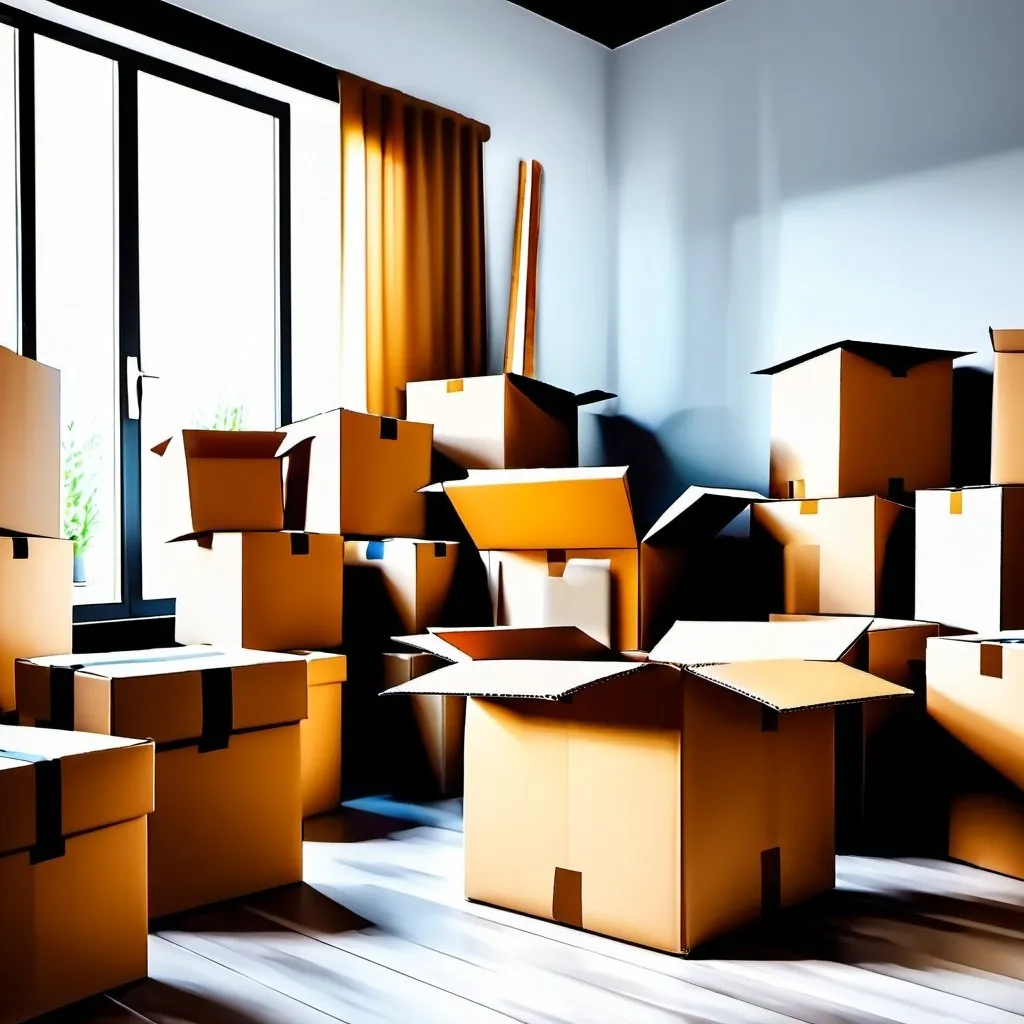 Prompt: Moving to a new house
No people in the image, only boxes
Cartoon