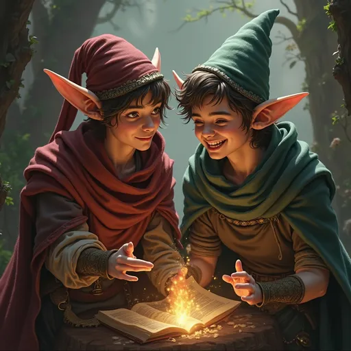 Prompt: Two male elf thieves with casting magic and turn invisible while laughing in a book looking style images
